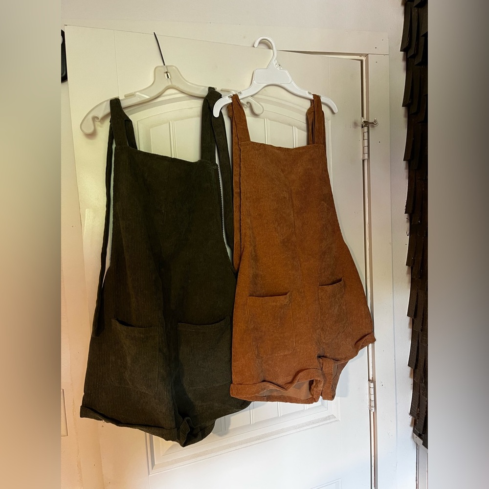 Dark green and brown corduroy overall shorts with pockets